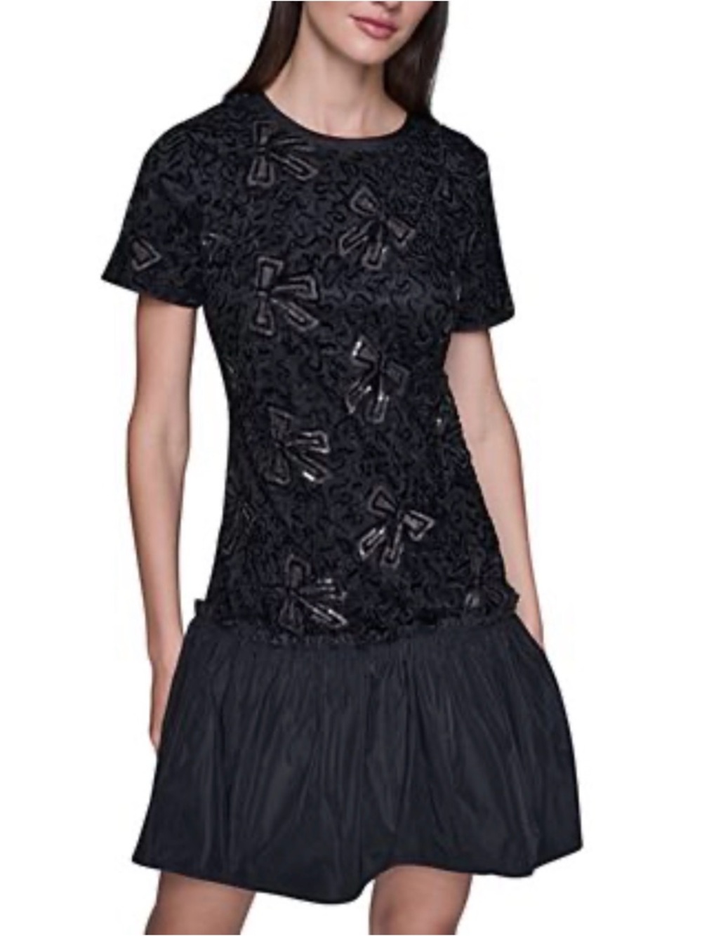 Karl Lagerfeld Black Sequin Bow Dress Appliqué Ruffle Mesh Evening Party Sz 10